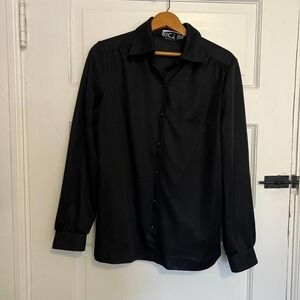 VINTAGE ACT III Black subtle square print button down blouse L